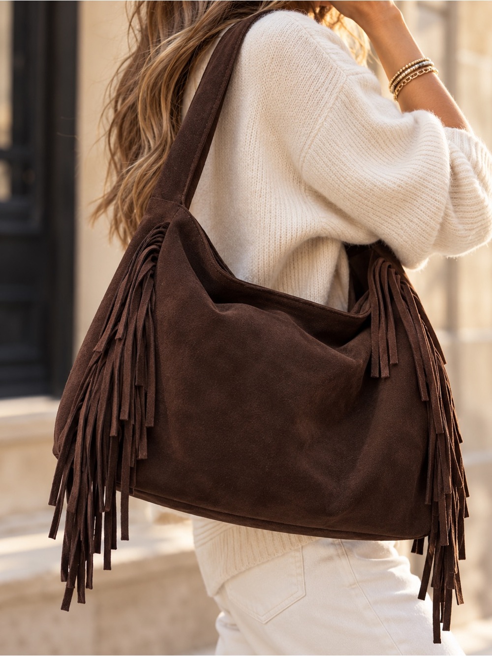 NWT | Chocolate Brown Genuine Suede Fringe Hobo Bag